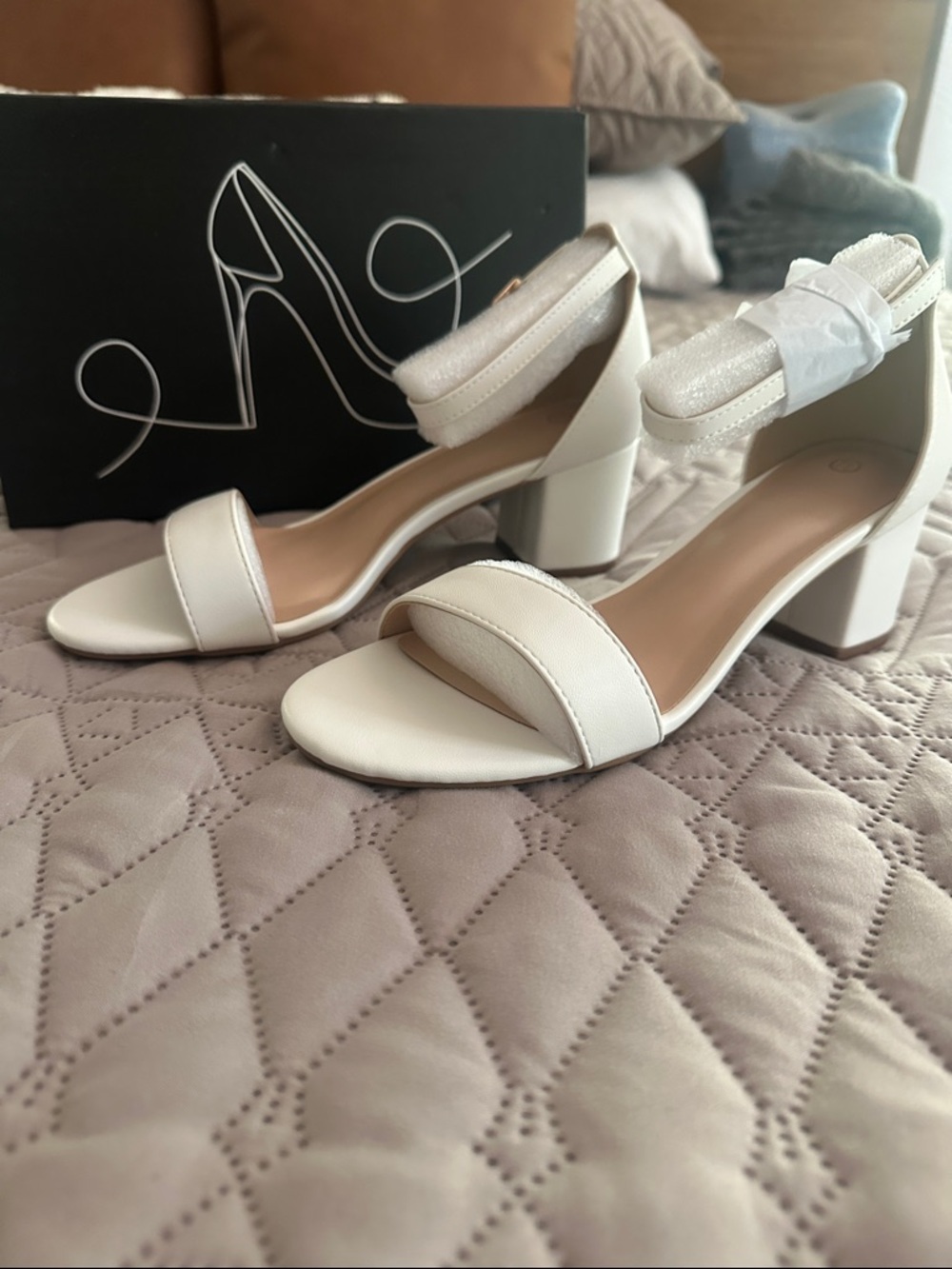 Women's White Block Heel Ankle Strap Sandals